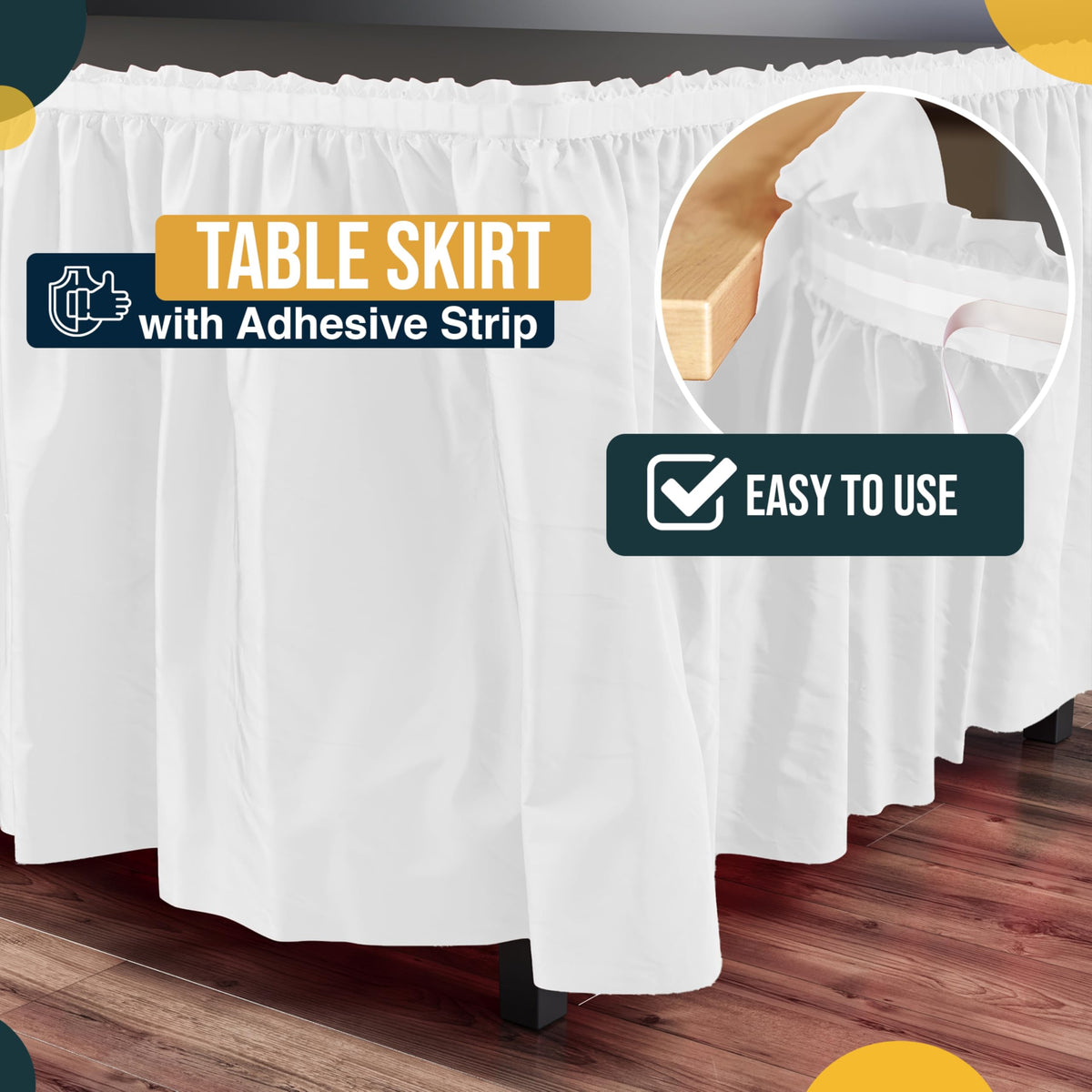Exquisite white ruffle table skirt shown as wedding decor backdrop