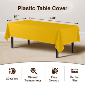 Exquisite yellow plastic tablecloth shown ready for quick disposable use.