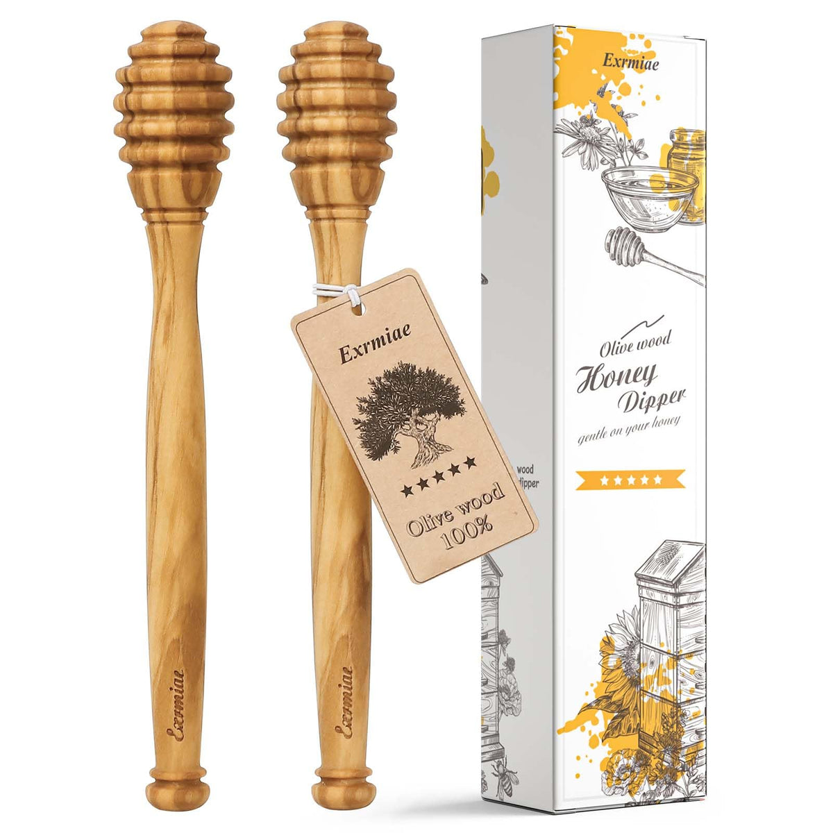Exrmiae olive wood honey dipper closeup reveals natural grain and premium durability.