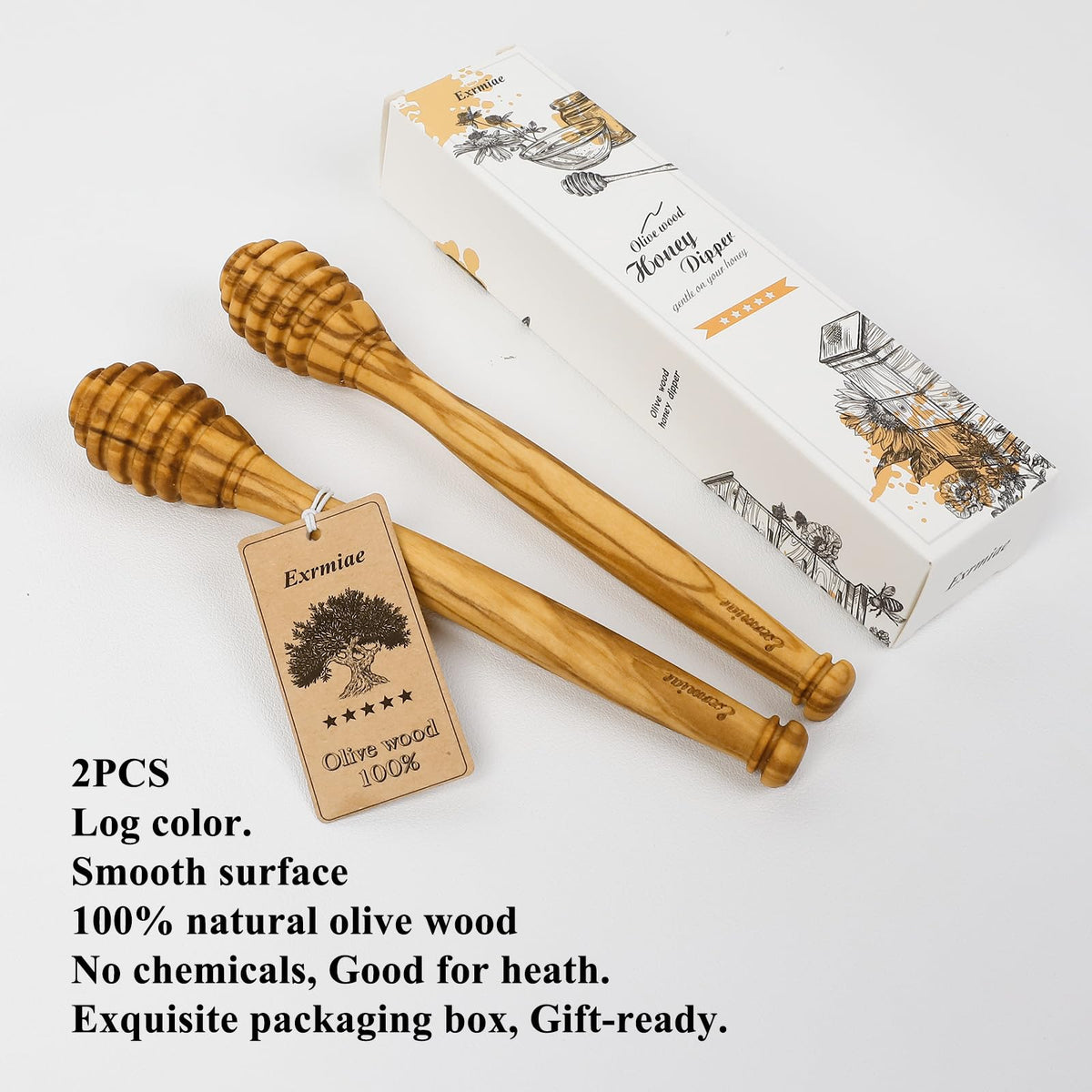 Exrmiae olive wood honey dipper showcases unique grain pattern and elegant look.
