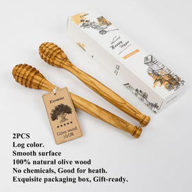 Exrmiae olive wood honey dipper showcases unique grain pattern and elegant look.