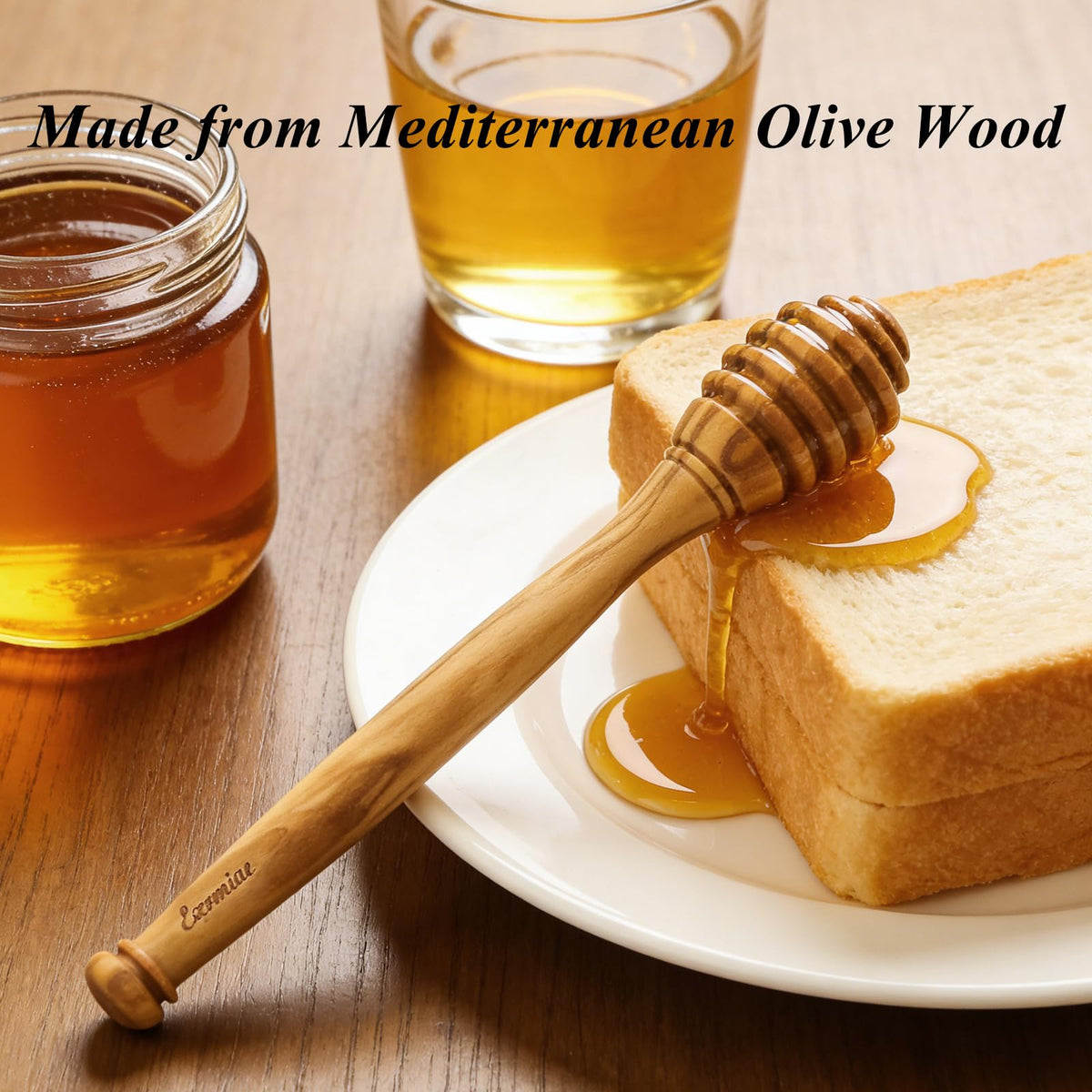 Exrmiae olive wood honey dipper in action, ideal for drizzling honey and syrups.