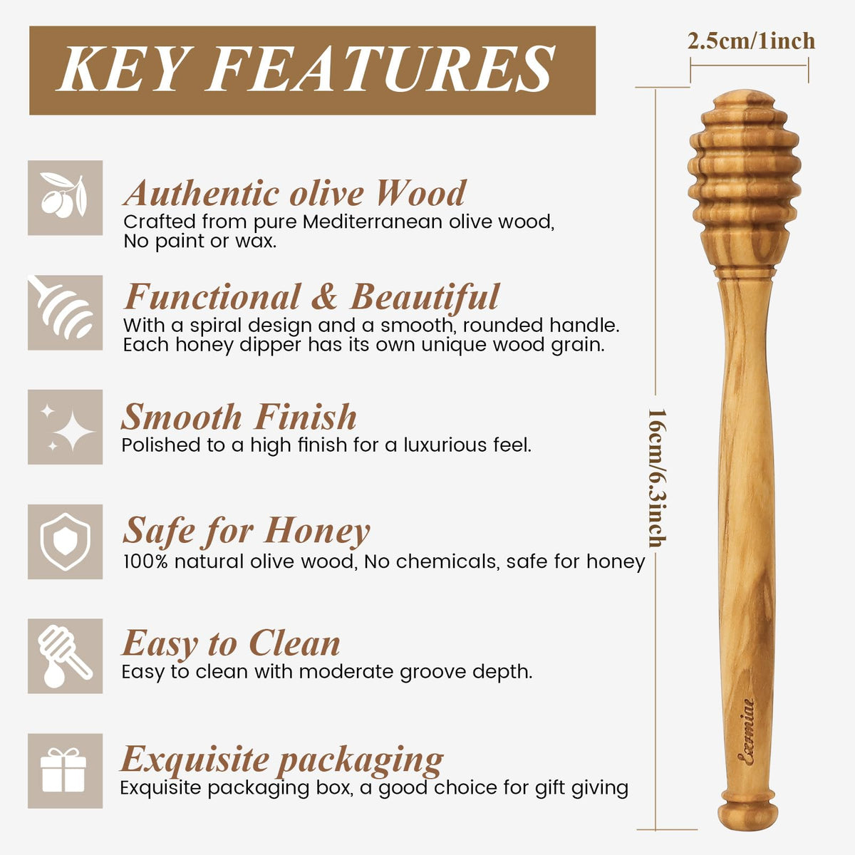 Exrmiae olive wood honey dipper demonstrates precise drizzle for thick honey.