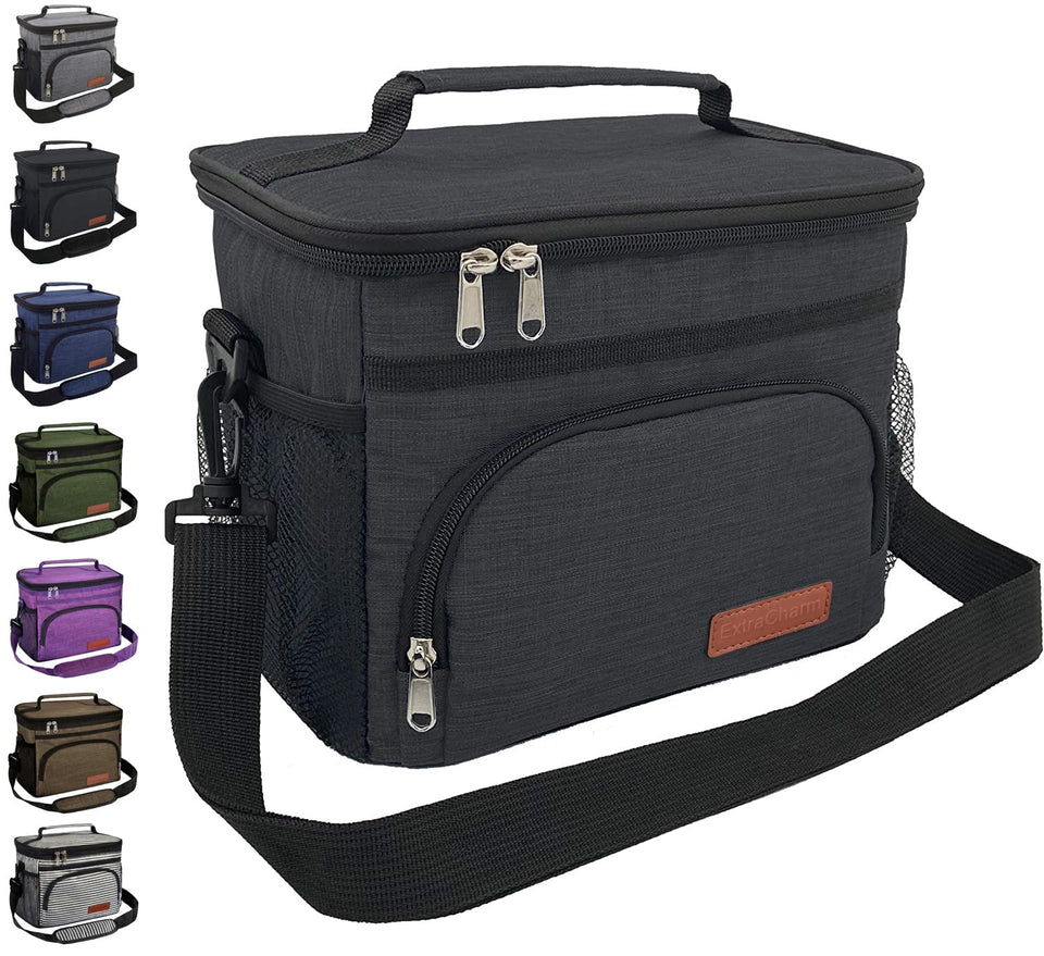 ExtraCharm lunch bag front view in black, ideal for office meals on the go.