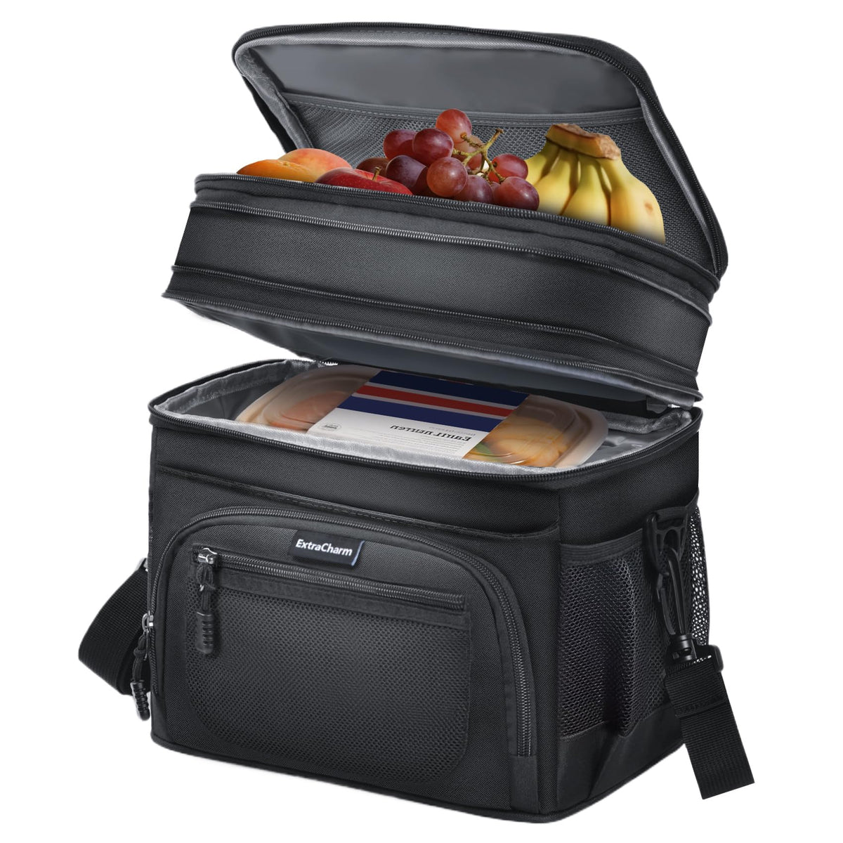 ExtraCharm lunch box with dual compartments keeps meals organized on the go.