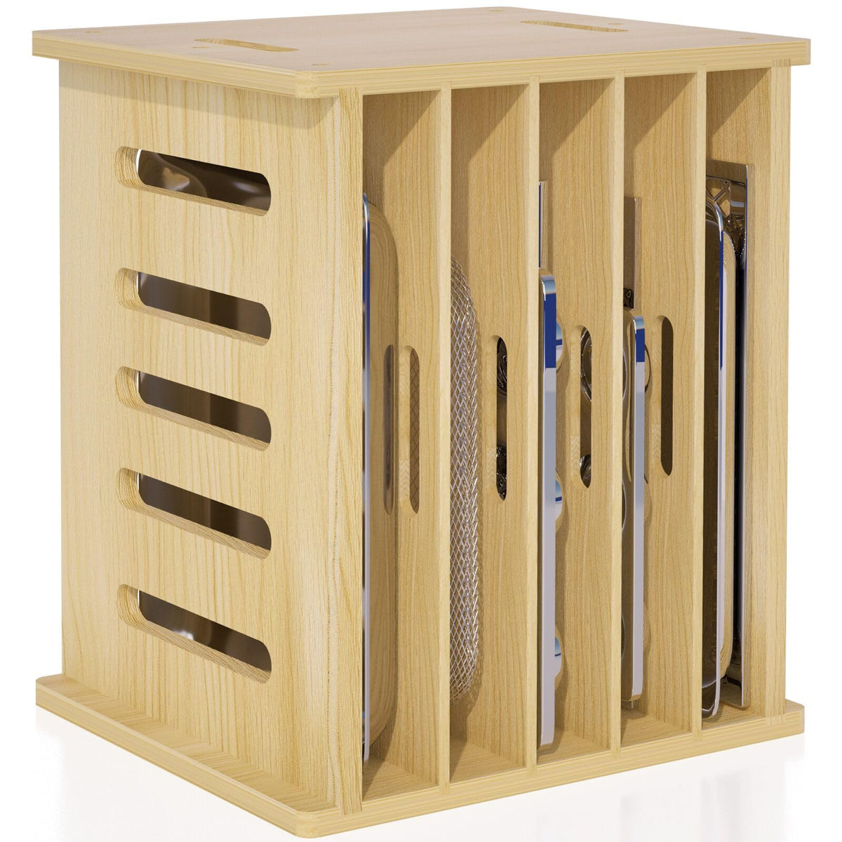Exttlliy 6-tier wooden cabinet divider organizing pots and pans.