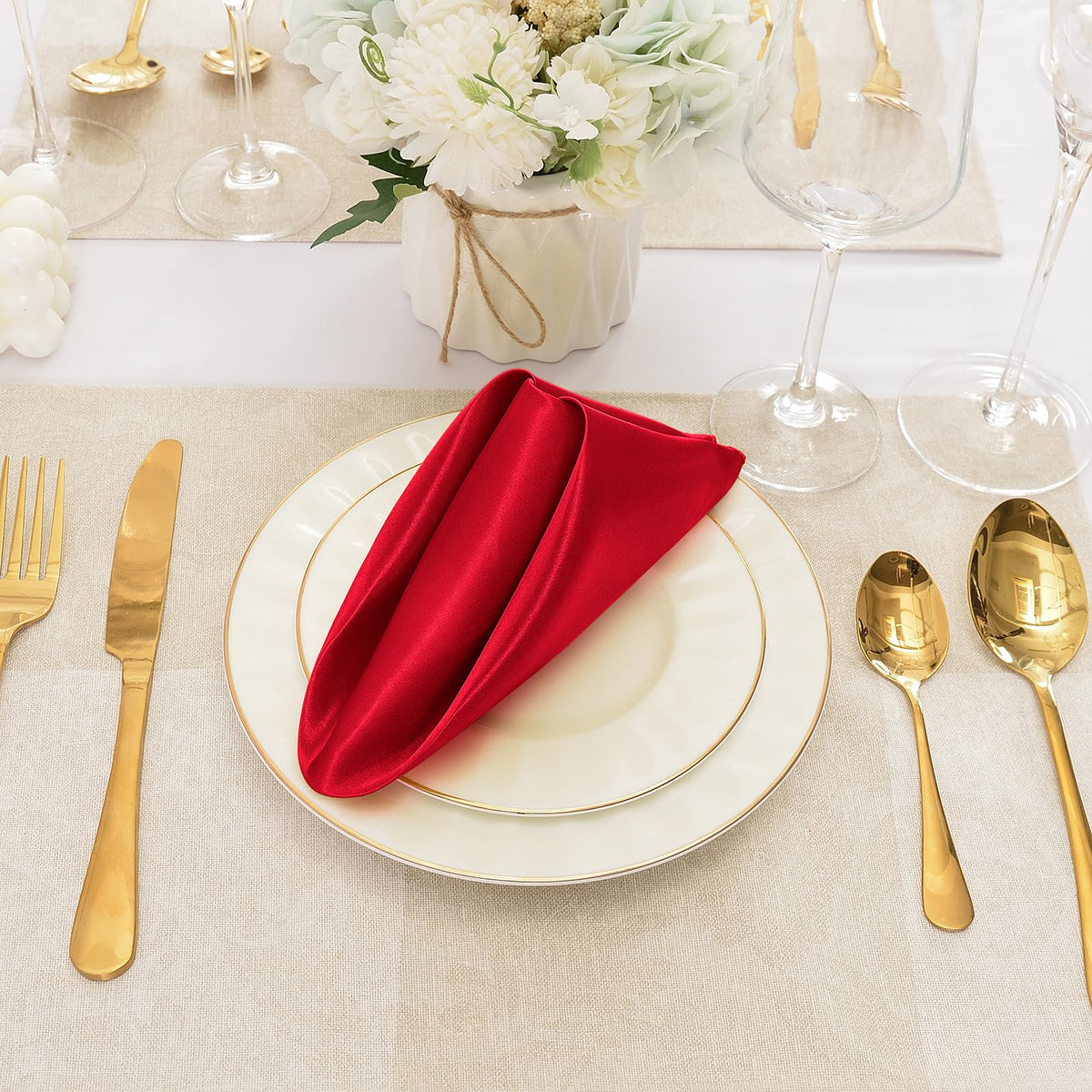 Eychei 50-count red satin napkins packaged for events.