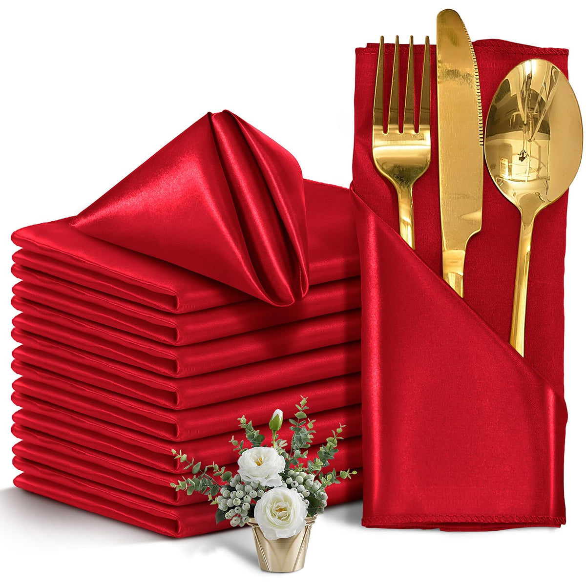 Eychei satin napkins in red, 17x17, displayed on a refined table setting.