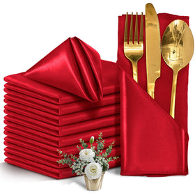 Eychei satin napkins in red, 17x17, displayed on a refined table setting.