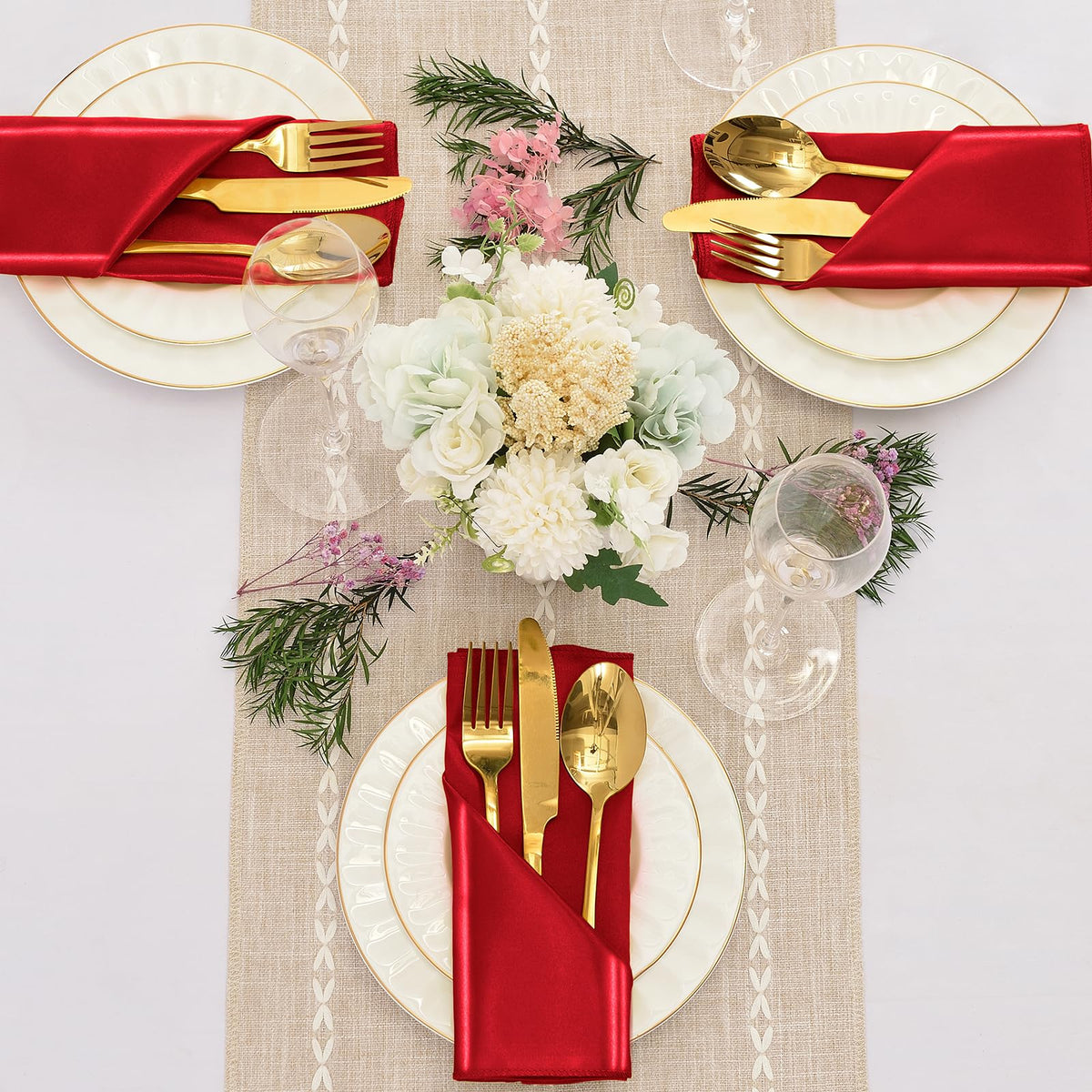Eychei satin napkins red close-up shows silky finish for refined dining.