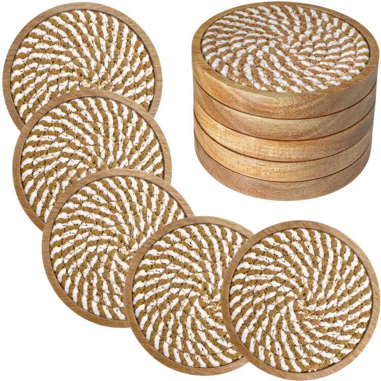 Eykao 5-pack coasters top view; absorbent wooden surface protects tables from moisture and stains