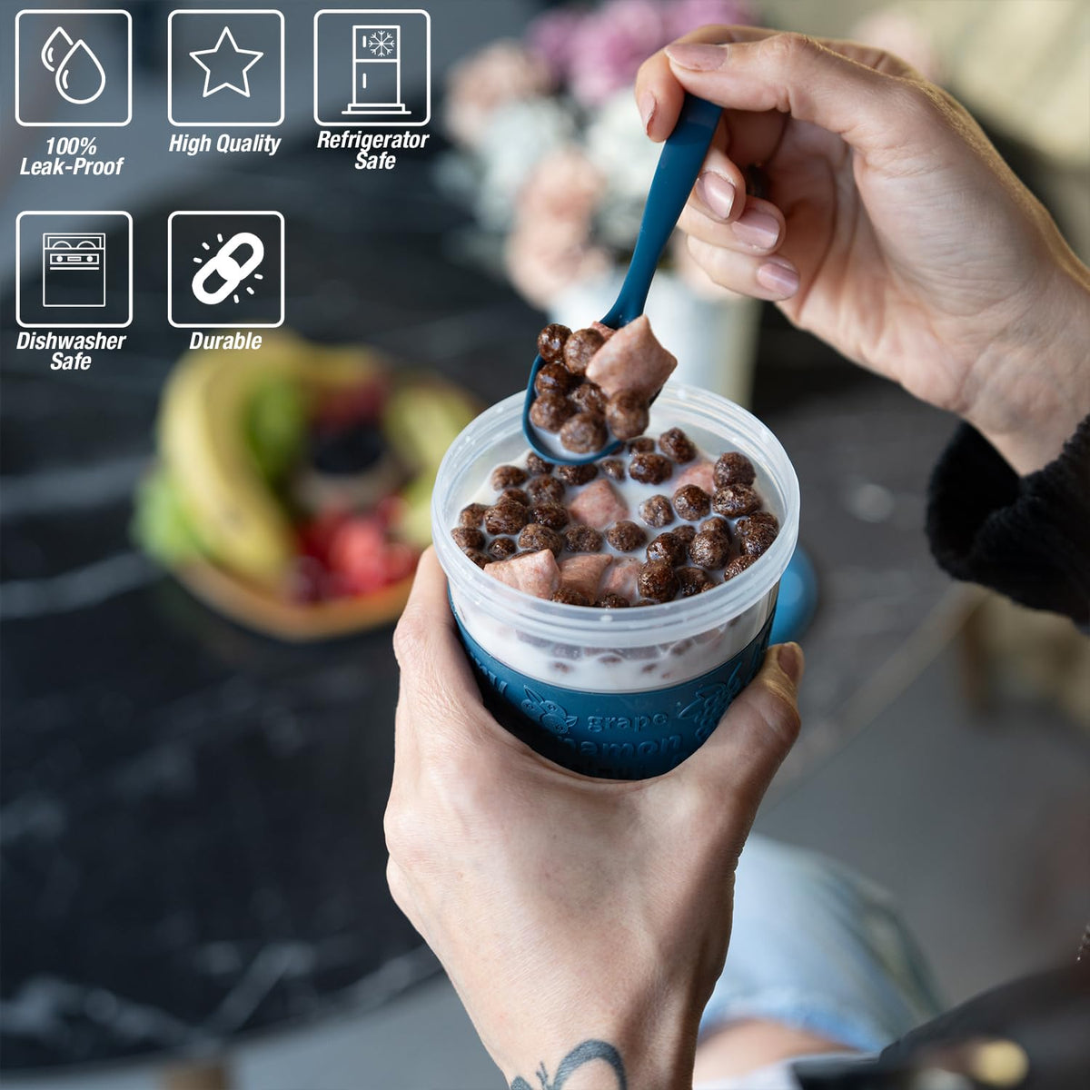 EYNEL parfait cups with lids and spoons shown for on the go meals.