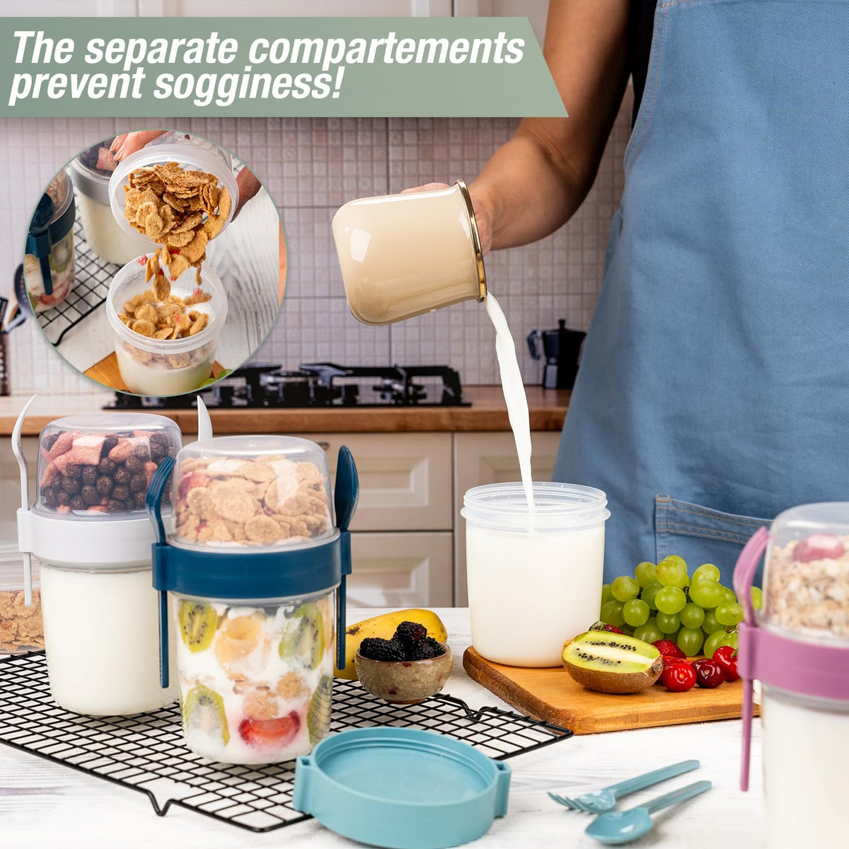 Eynell cereal milk separator lid showing two compartments for toppings