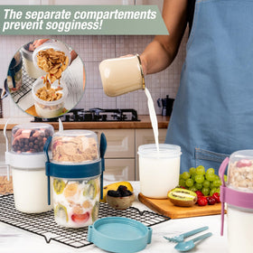 Eynell cereal milk separator lid showing two compartments for toppings