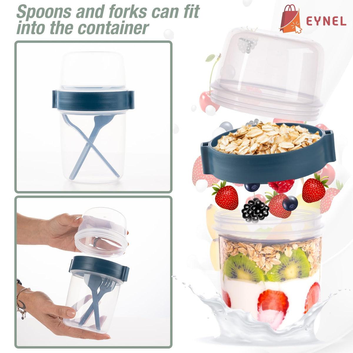 Eynell on-the-go breakfast containers fit in a bag for busy mornings