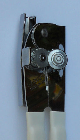 EZ-DUZ-IT white can opener with rubberized handles for comfortable grip.