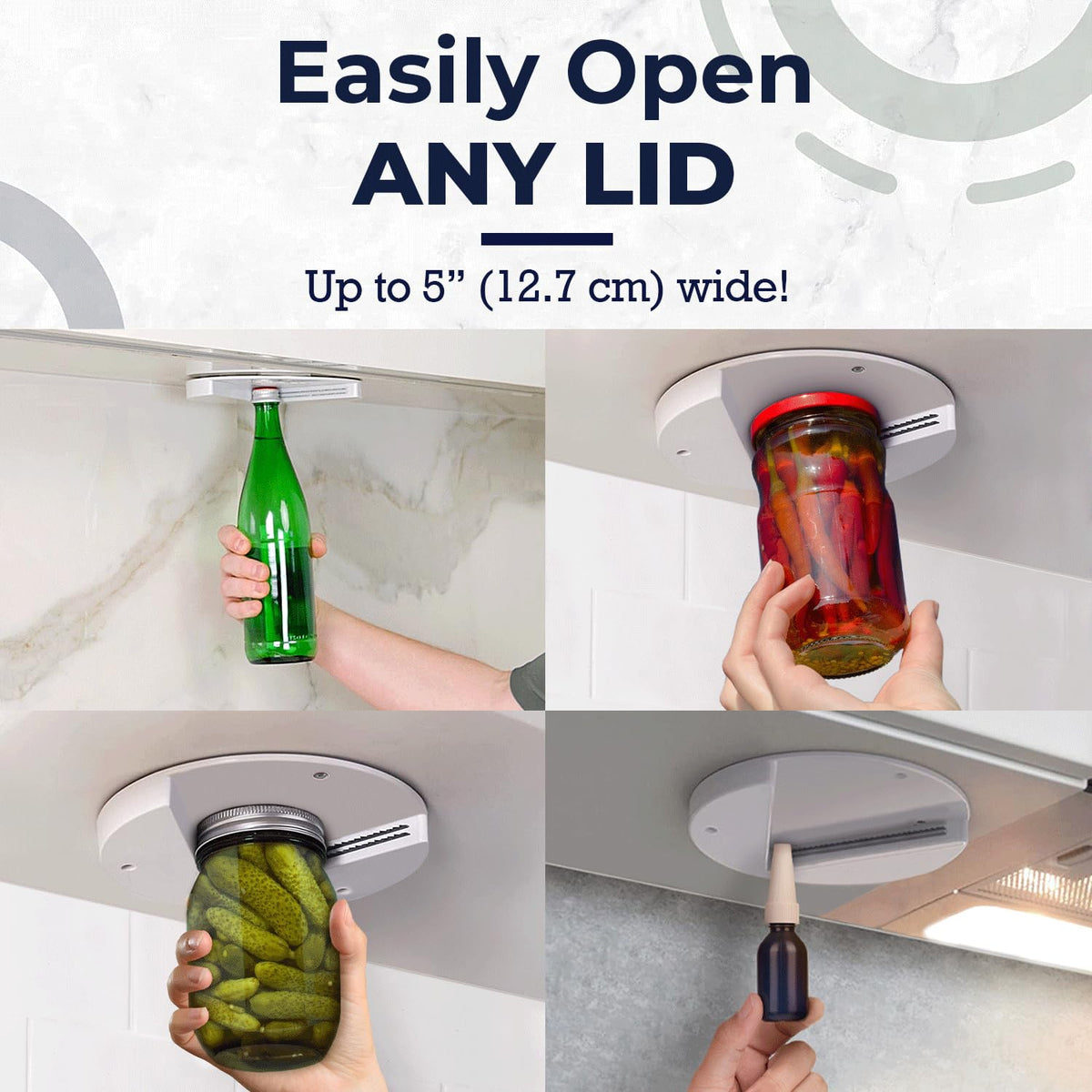 EZ Off Jar Opener in use with one hand for easy lid removal.