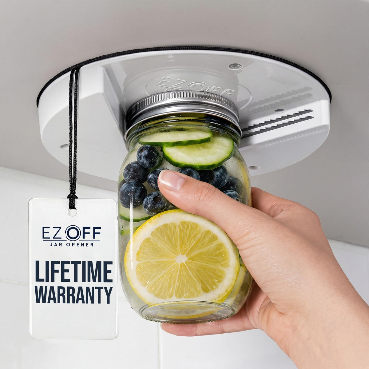 EZ Off Jar Opener under-cabinet mount shows convenient access and clutter-free counter space.