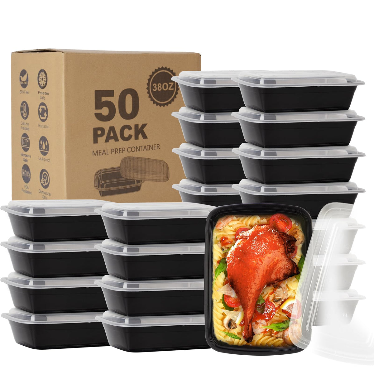 Ezalia 50-pack 38oz containers for family meal prep and portions.