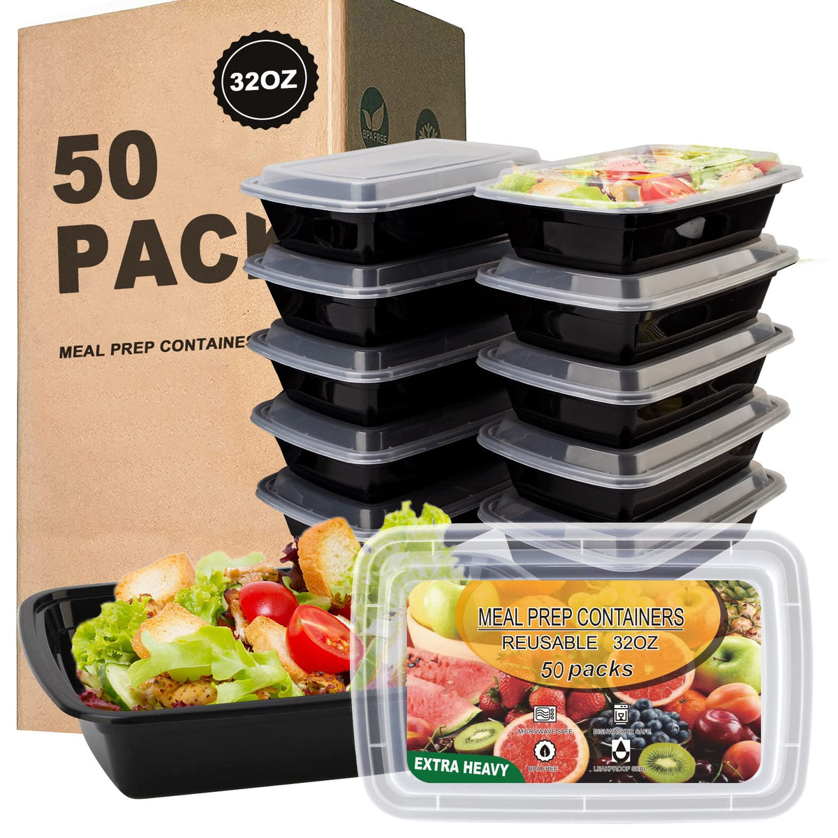 Ezalia 50-pack meal prep containers with 32oz capacity and secure lids for weekly lunches.