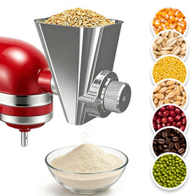 Ezato grain-mill attachment on KitchenAid, all-metal construction for durable, steady grinding.