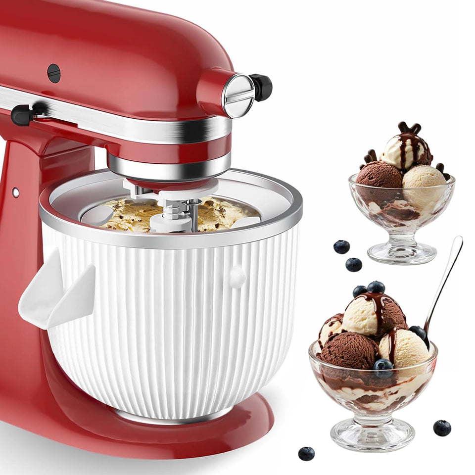 Ezato ice cream maker attachment mounted on a KitchenAid mixer for easy frozen treats
