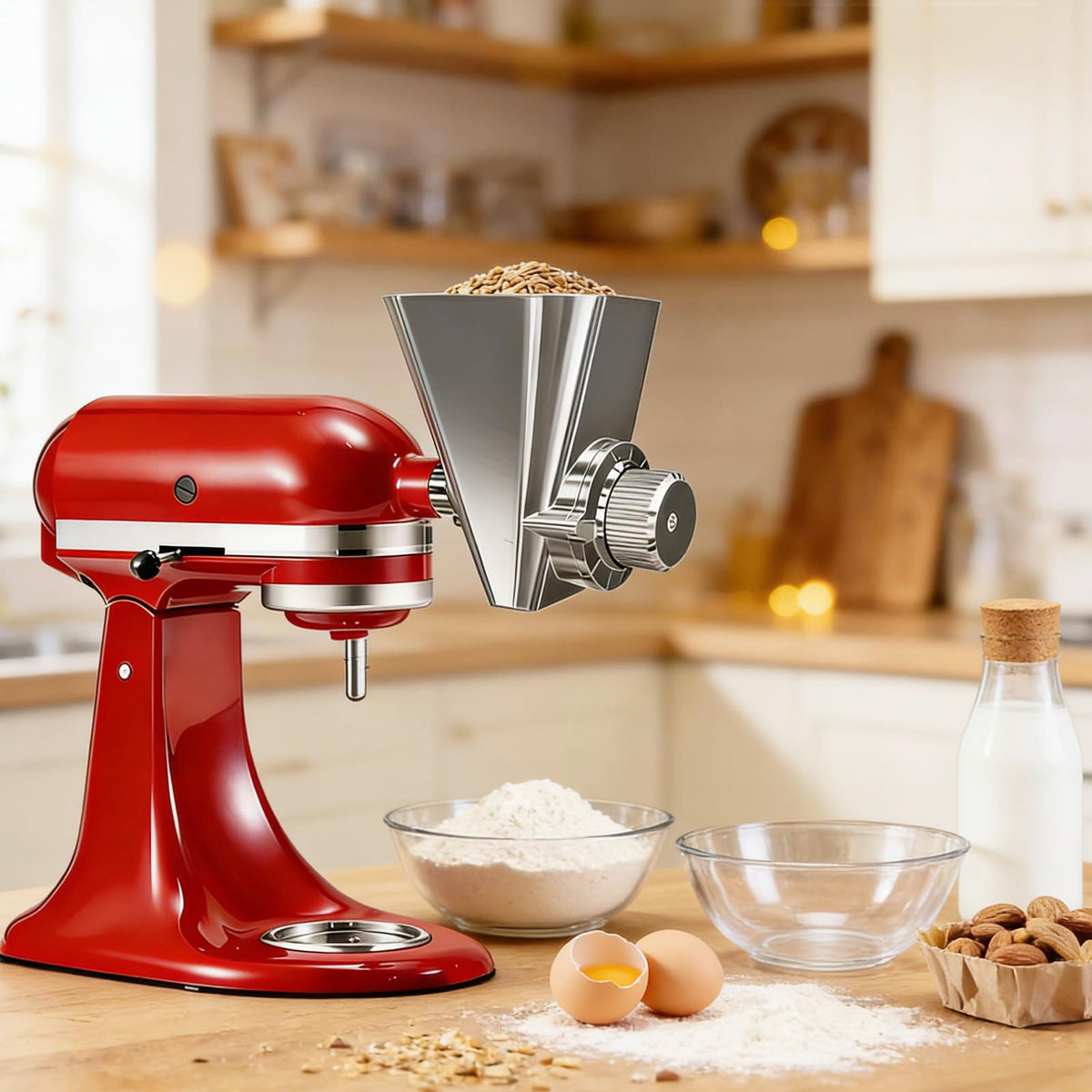 KitchenAid mixer with Ezato grain mill, simple attachment for quick baking prep.
