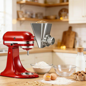 KitchenAid mixer with Ezato grain mill, simple attachment for quick baking prep.