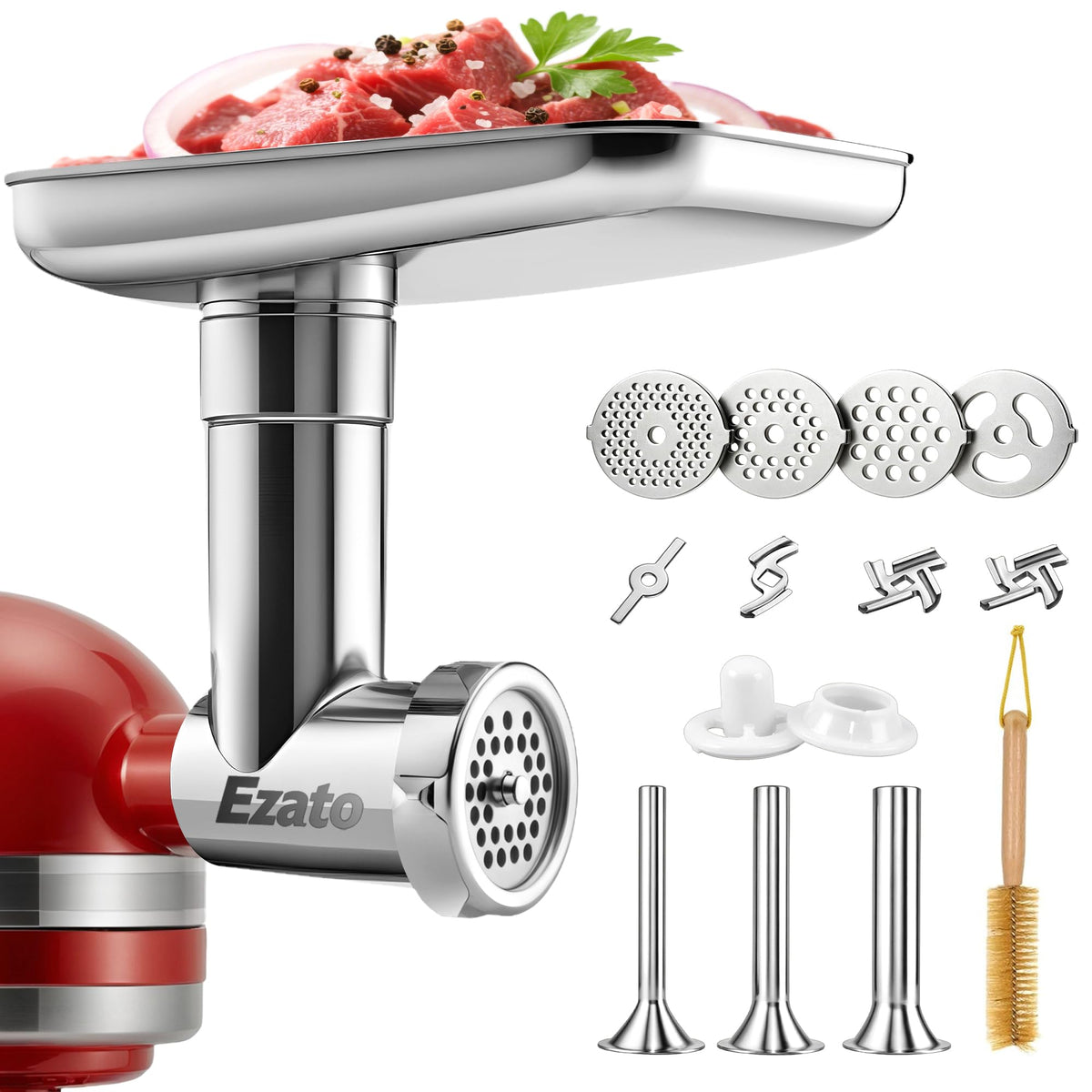 Ezato stainless steel meat grinder attachment for KitchenAid enabling powerful, consistent grinding