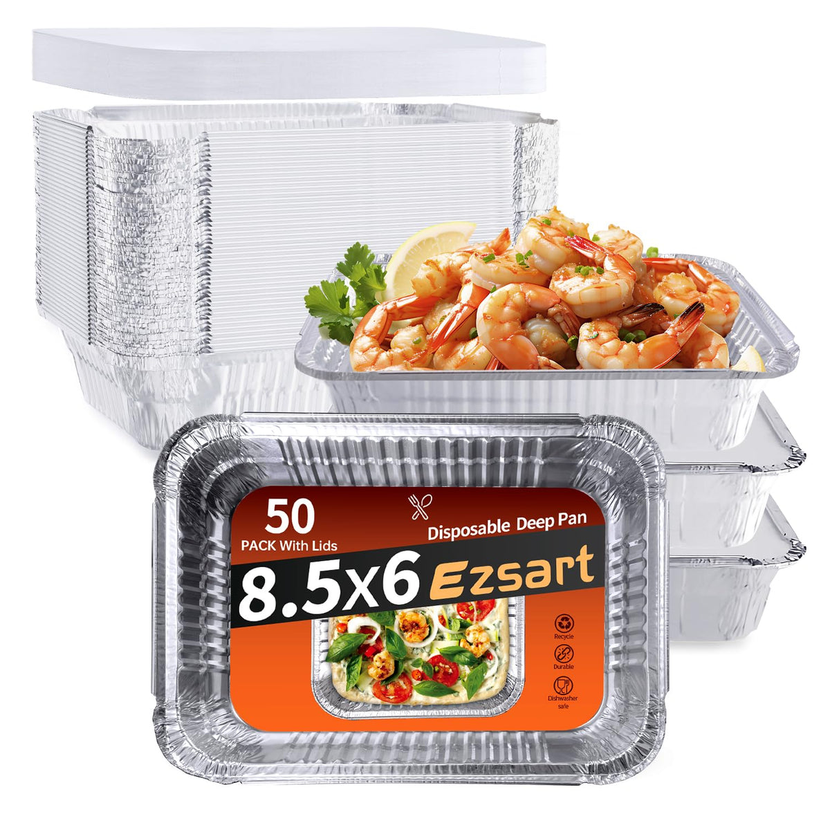 Ezsart 50-pack aluminum pans with lids for bulk prep and serving.