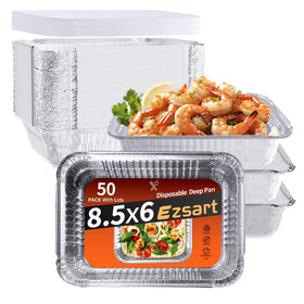 Ezsart 50-pack aluminum pans with lids for bulk prep and serving.