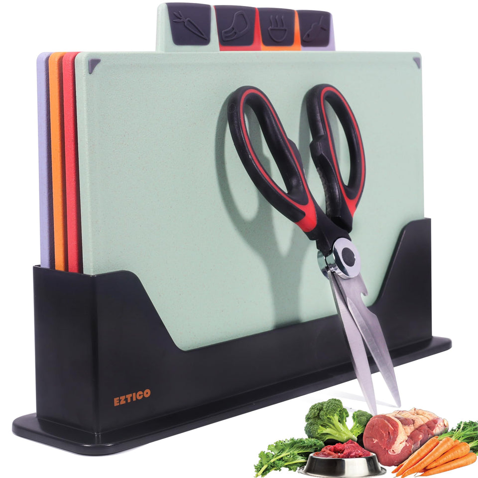 EZTICO 4-piece cutting board set with stand keeps prep space organized.