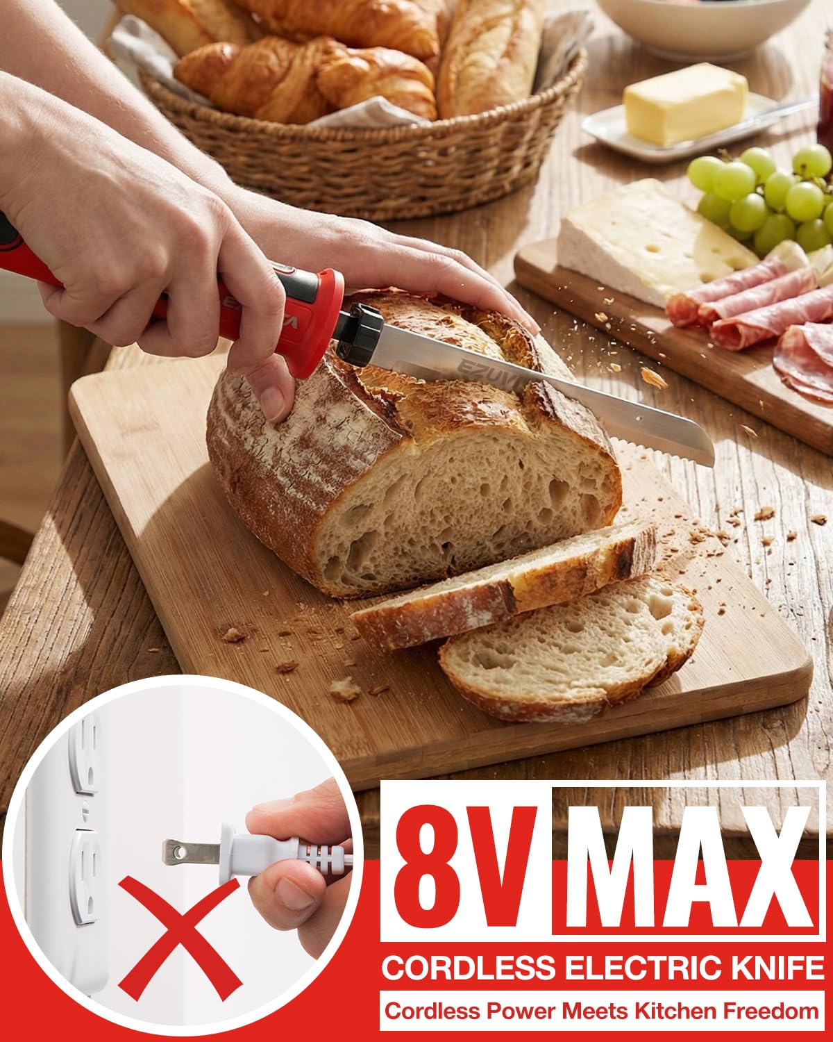 EZUVITA reciprocating blades slicing smoothly for turkey, meat, and bread
