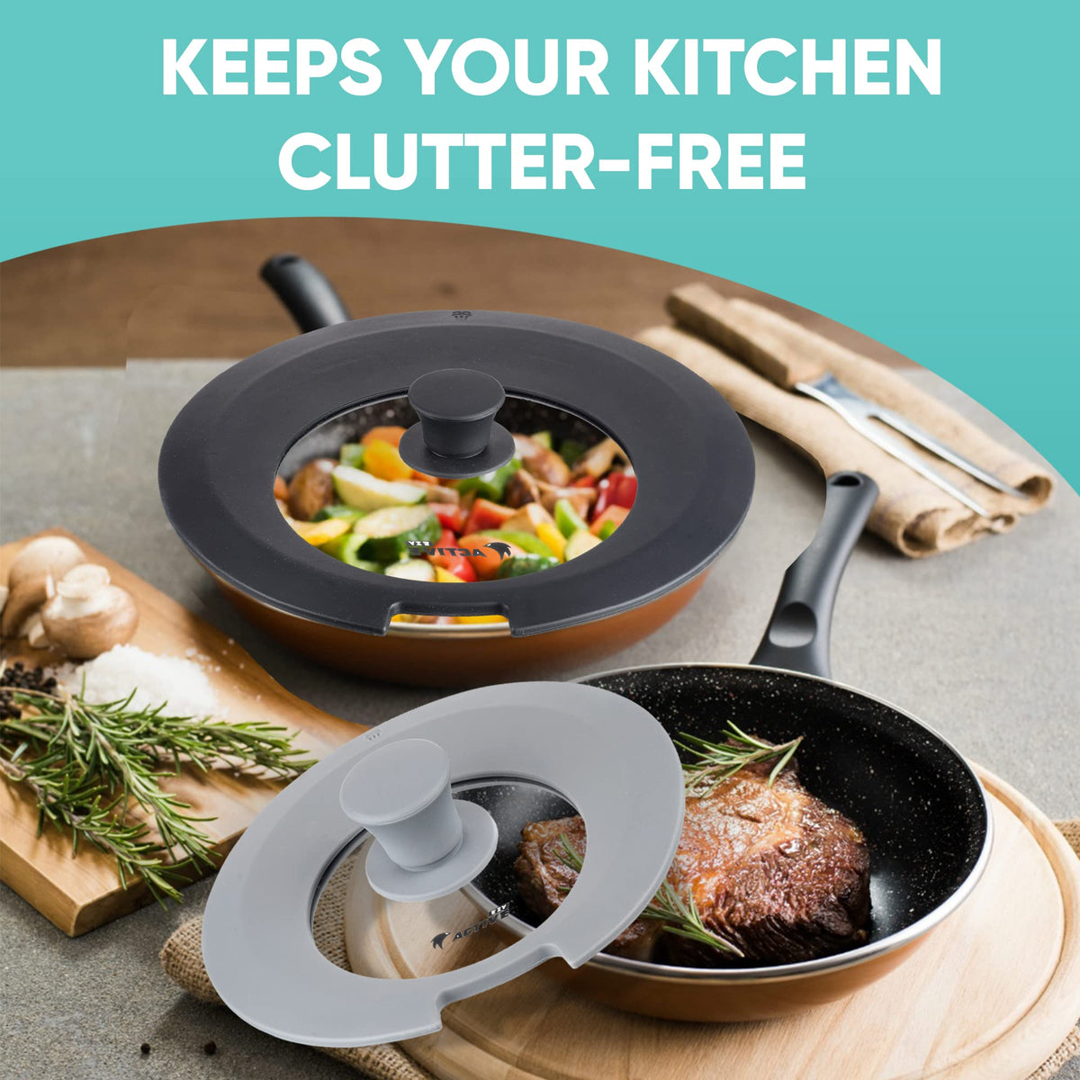 EZY ACTIVE lids fit 7-12 inch pots and pans across cookware.