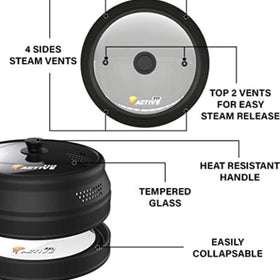 EZY ACTIVE tempered glass lid resists heat up to 450°F