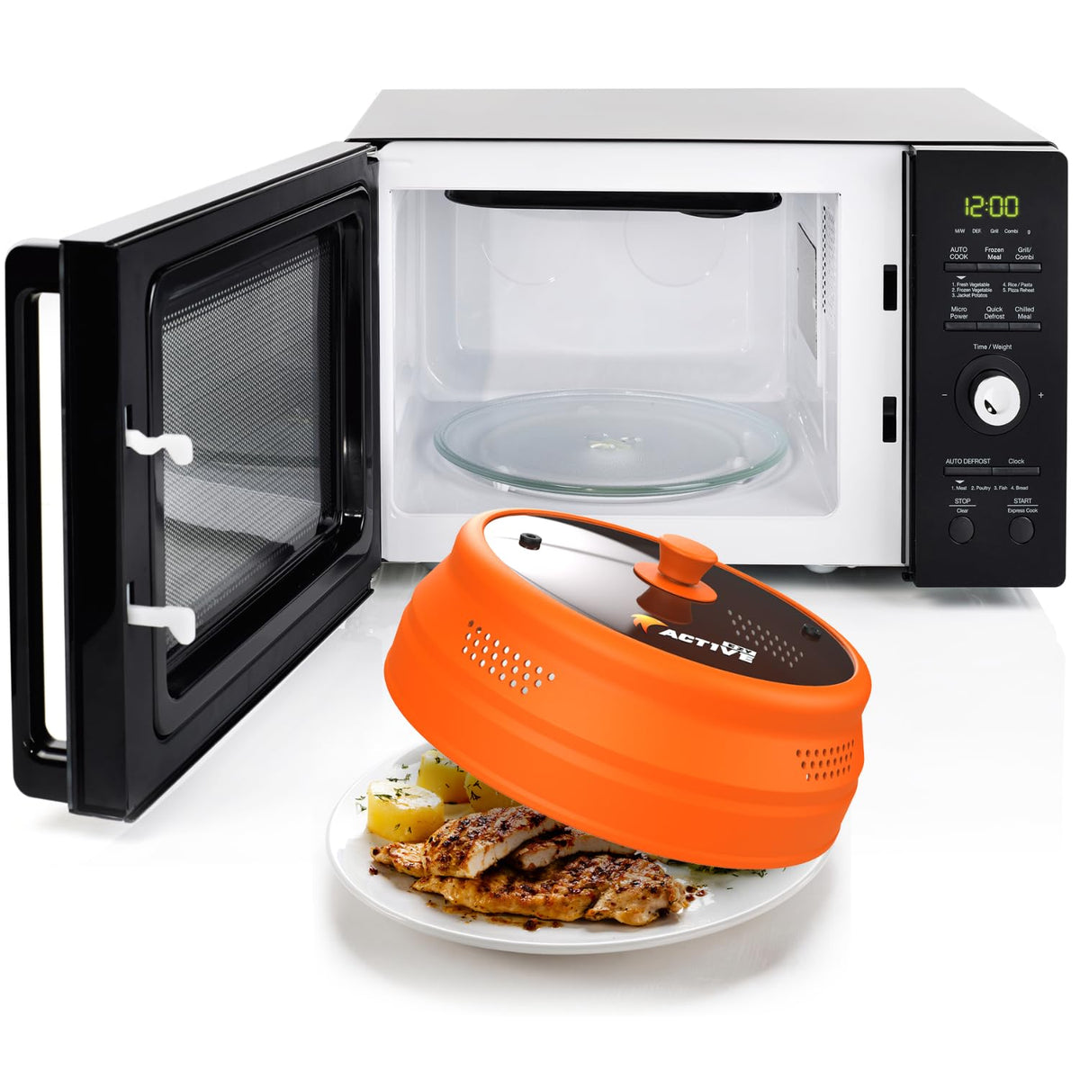 EZY ACTIVE tempered glass silicone splatter guard visible while shielding the microwave.