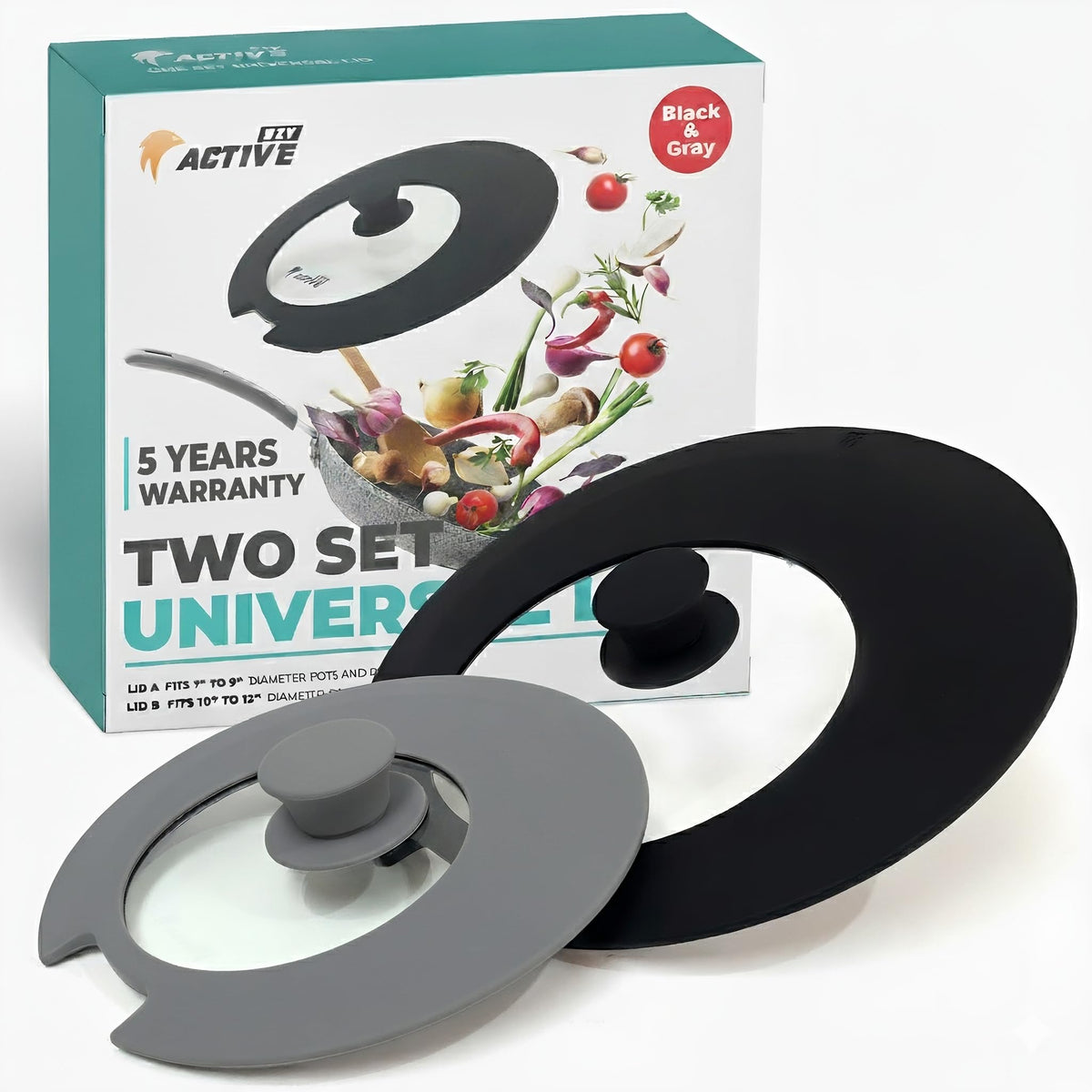EZY ACTIVE universal lid fits 7-9 inch gray pot for space-saving cooking.