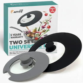 EZY ACTIVE universal lid fits 7-9 inch gray pot for space-saving cooking.