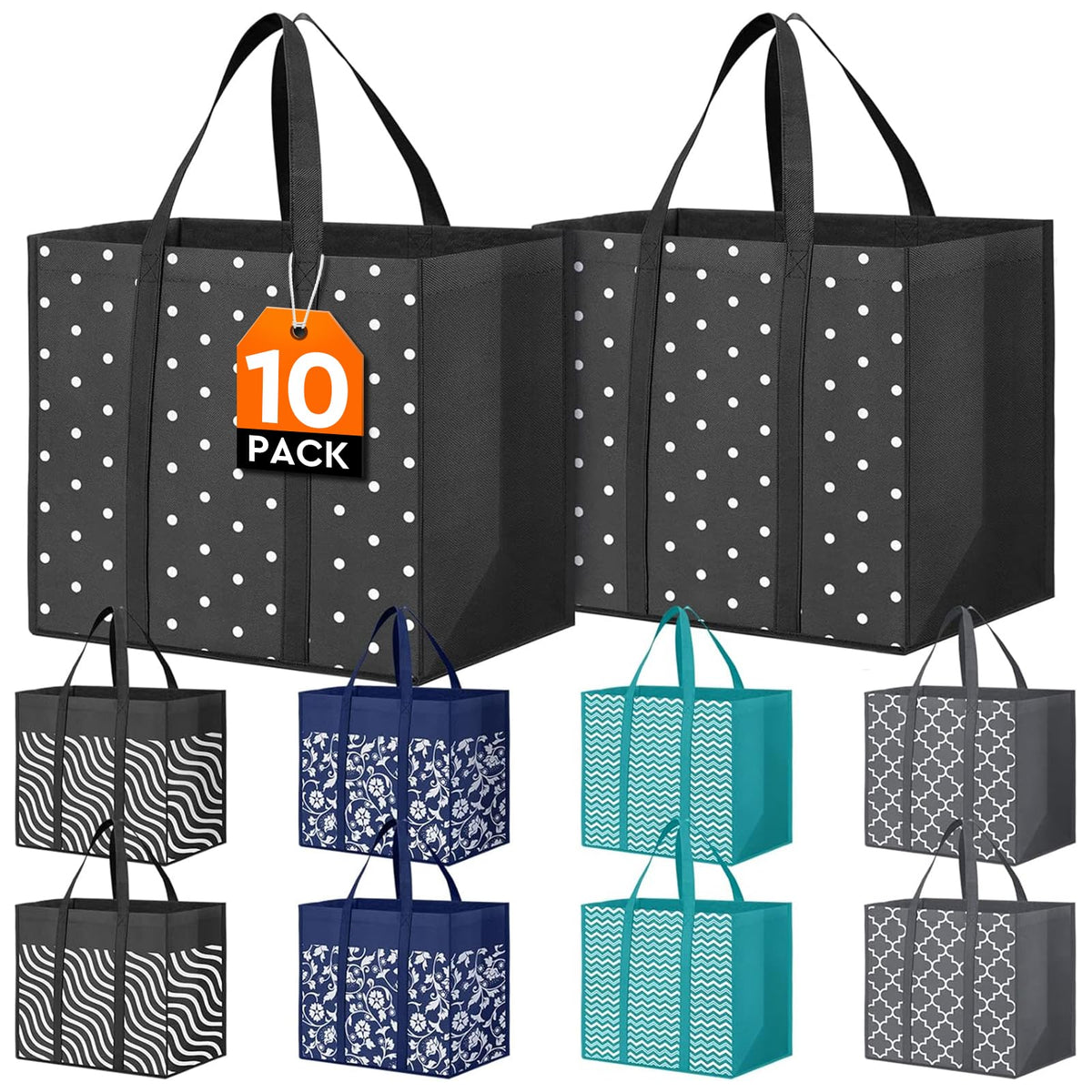 Fab totes 10-pack front view shows sturdy, reusable design for daily shopping.