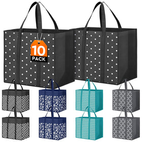 Fab totes 10-pack front view shows sturdy, reusable design for daily shopping.