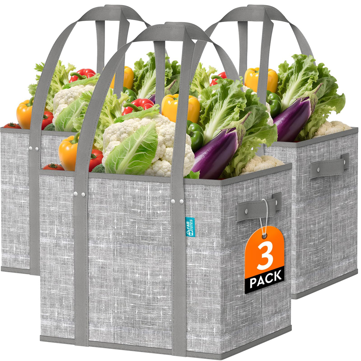 Fab totes reusable grocery bags stand-on-bottom image showing upright stability for easy loading