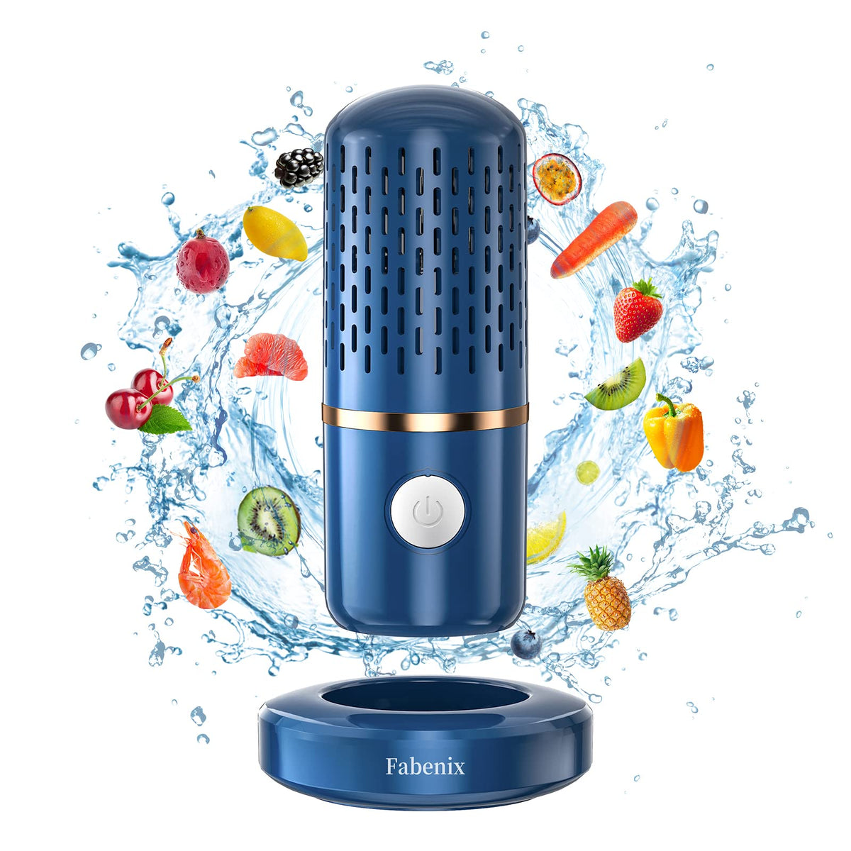 Fabenix fruit and vegetable cleaner blue front view demonstrating quick produce cleaning