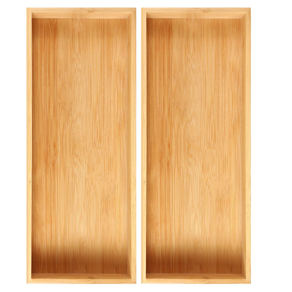 Fabsome bamboo kitchen organizer with two bins keeps utensils neatly sorted.