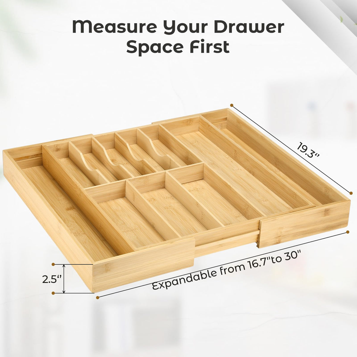 Fabsome silverware organizer collapsed shows nine compartments for utensil sorting.