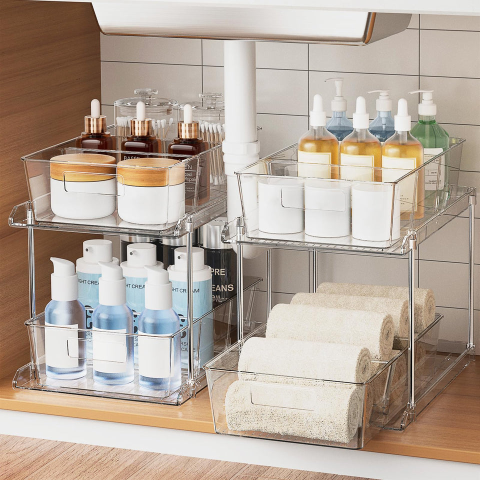 Fabspace pull-out organizer 2-tier clear bin keeps bathroom essentials visible and accessible.