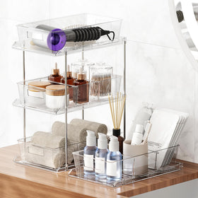 Fabspace stackable storage bins enable flexible shelf or countertop arrangements.