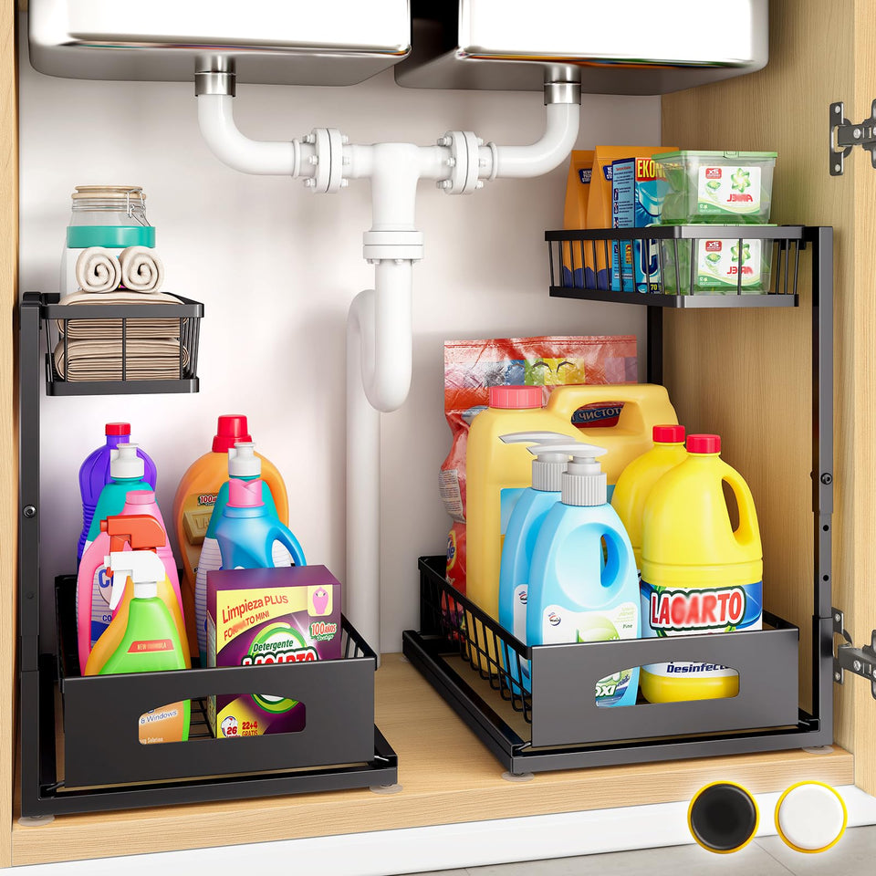 Fabutier under sink organizer 2-pack in black, space-saving design around pipes
