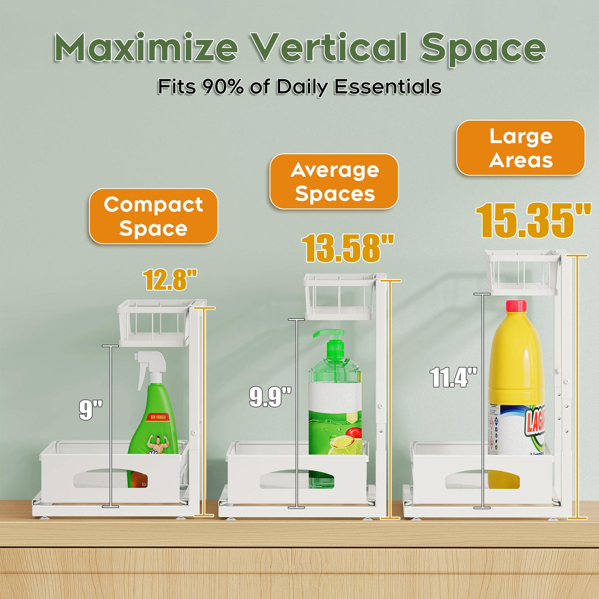 Fabutier under sink organizer adjustable height accommodates tall items.