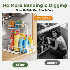 Fabutier under sink organizer pull-out drawer provides clear view of contents.