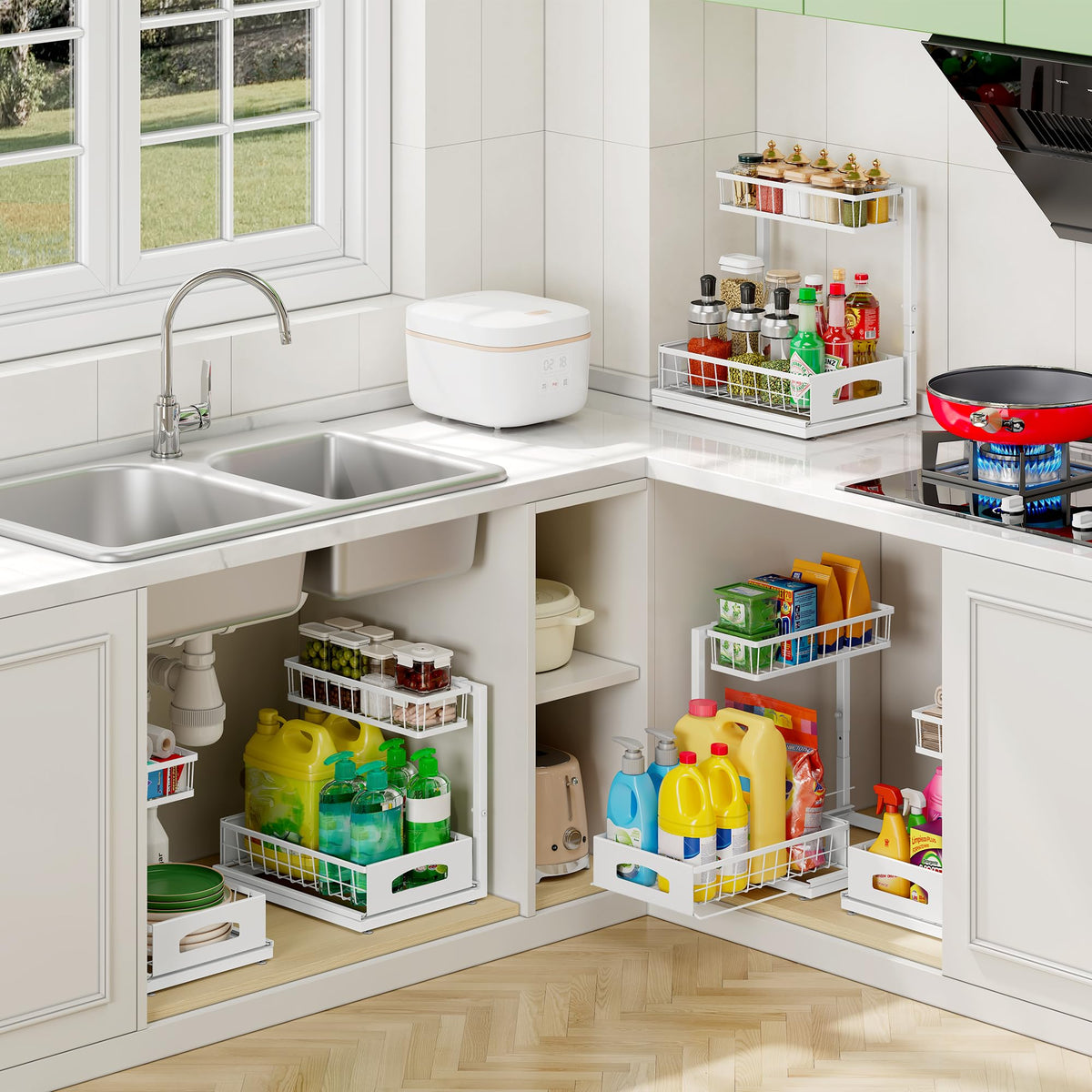 Fabutier under sink organizer rails and guard keep items stable.